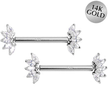 Load image into Gallery viewer, 14G 9/16 Solid 14k White Gold CZ Floral Push In Threadless Nipple Ring Set
