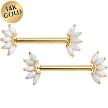 Load image into Gallery viewer, 14G 9/16 Solid 14k Yellow Gold Synthetic Opal Floral Push In Threadless Nipple Ring Set
