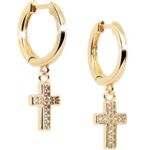 Load image into Gallery viewer, Gold Tone Stainless Steel Hinged Huggie Hoop Cross Dangle Earrings
