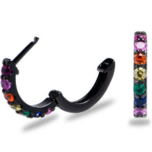 Load image into Gallery viewer, 12mm Unisex Black Rainbow Gem Stainless Steel Hinged Huggie Hoop Earrings
