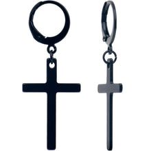Load image into Gallery viewer, Black Stainless Steel Hinged Huggie Hoop Cross Dangle Earrings
