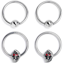 Load image into Gallery viewer, 16G 3/8 Skull Red Eyes BCR Captive Bead Ring Set of 4
