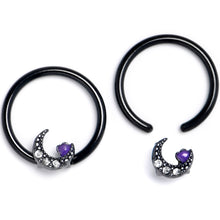 Load image into Gallery viewer, 16G 3/8 Clear Gem Black Moon Heart BCR Captive Ring Set of 4

