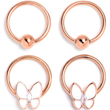 Load image into Gallery viewer, 16G 3/8 Clear Gem Rose Gold Tone Butterfly BCR Captive Ring Set of 4
