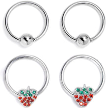 Load image into Gallery viewer, 16G 3/8 Red Green Gem Strawberry BCR Captive Ring Set of 4
