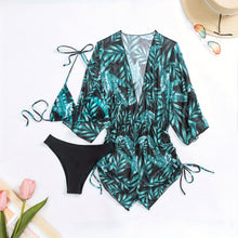 Load image into Gallery viewer, Island Bloom 3-Piece Bikini Set for Women – Tropical Leaf Print Fluttering Swimwear with Flattering Halter Neck Top High Waist Bottoms &amp; Adjustable Drawstring Cover Up – Perfect for Koningsdag Celebrations &amp; Summer Adventures
