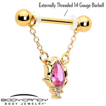 Load image into Gallery viewer, 14G 9/16 Pink CZ Gem Gold Tone Style Fire Dangle Nipple Ring Set
