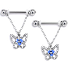 Load image into Gallery viewer, 14G 9/16 Clear Gem Fabulous Butterfly Blue Dangle Nipple Ring Set
