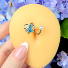Load image into Gallery viewer, Clear Gem Butterfly Love Heart Blue Spiral Twister Belly Ring
