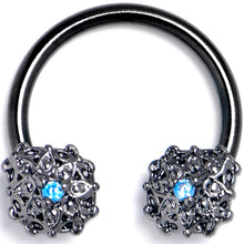 Load image into Gallery viewer, 16G 3/8 Blue Gem Black Blossom Bloom Horseshoe Circular Barbell
