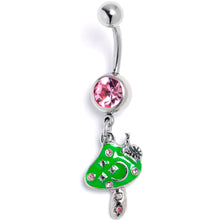 Load image into Gallery viewer, Pink Gem Fanciful Green Mushroom Dangle Belly Ring

