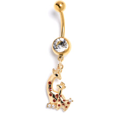 Load image into Gallery viewer, Clear CZ Gem Gold Tone Mom Baby Giraffes Dangle Belly Ring
