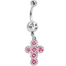 Load image into Gallery viewer, Clear Gem Perfectly Pink Flower Cross Dangle Belly Ring
