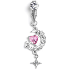 Load image into Gallery viewer, Clear Pink Gem Moon Lover Dangle Clip On Fake Belly Ring
