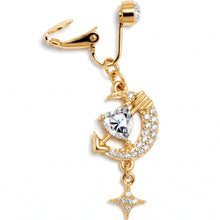 Load image into Gallery viewer, Clear Gem Gold Tone Moon Lover Dangle Clip On Fake Belly Ring
