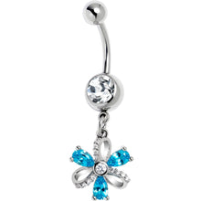 Load image into Gallery viewer, Clear Blue CZ Gem Bling Flower Glam Dangle Belly Ring
