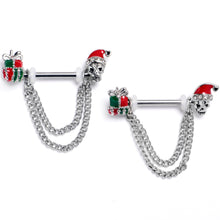 Load image into Gallery viewer, 14G 9/16 Clear Gem Santa Skull Gift Chain Dangle Nipple Ring Set
