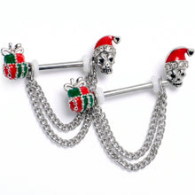 Load image into Gallery viewer, 14G 9/16 Clear Gem Santa Skull Gift Chain Dangle Nipple Ring Set

