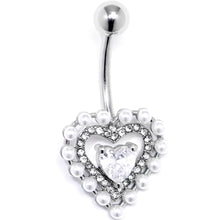 Load image into Gallery viewer, Clear CZ Gem Pearl Heart Belly Ring
