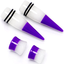 Load image into Gallery viewer, Purple White Acrylic Glow in the Dark Taper Saddle Plug Set 8mm to 16mm Sizes
