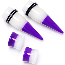 Load image into Gallery viewer, Purple White Acrylic Glow in the Dark Taper Saddle Plug Set 8mm to 16mm Sizes
