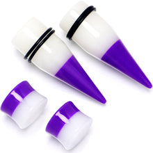 Load image into Gallery viewer, Purple White Acrylic Glow in the Dark Taper Saddle Plug Set 8mm to 16mm Sizes
