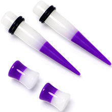Load image into Gallery viewer, Purple White Acrylic Glow in the Dark Taper Saddle Plug Set 8mm to 16mm Sizes
