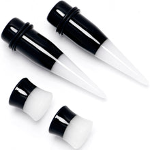 Load image into Gallery viewer, Black White Acrylic Glow in the Dark Taper Saddle Plug Set 8mm to 16mm Sizes
