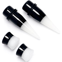 Load image into Gallery viewer, Black White Acrylic Glow in the Dark Taper Saddle Plug Set 8mm to 16mm Sizes
