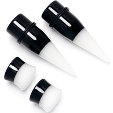 Load image into Gallery viewer, Black White Acrylic Glow in the Dark Taper Saddle Plug Set 8mm to 16mm Sizes
