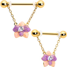Load image into Gallery viewer, 14G 9/16 Clear Gem Gold Tone Pastel Flower Dangle Nipple Ring Set

