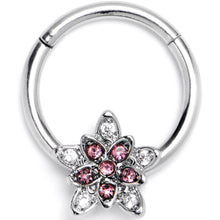 Load image into Gallery viewer, 16G 3/8 Pink Clear CZ Gem Snowflake Flower Hinged Segment Ring
