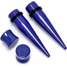Load image into Gallery viewer, Blue Acrylic Shimmer Finish Taper Saddle Plug Set 6mm to 20mm Sizes
