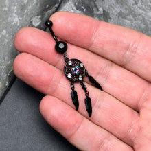 Load image into Gallery viewer, Aurora Clear CZ Gem Black Dreamcatcher Feather Dangle Belly Ring
