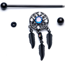 Load image into Gallery viewer, 14G Aurora CZ Gem Black Dreamcatcher Dangle Industrial Barbell 38mm

