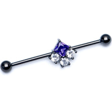 Load image into Gallery viewer, 14G Clear Purple CZ Gem Black Rhombus Riot Industrial Barbell 38mm
