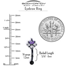 Load image into Gallery viewer, 16G 5/15 Clear Purple CZ Gem Black Rhombus Riot Curved Eyebrow Ring
