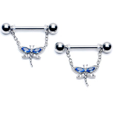 Load image into Gallery viewer, 14G 9/16 Blue CZ Gem Dragonfly Dream Dangle Nipple Ring Set
