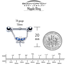 Load image into Gallery viewer, 14G 9/16 Blue CZ Gem Dragonfly Dream Dangle Nipple Ring Set
