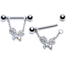 Load image into Gallery viewer, 14G 9/16 Aurora CZ  Gem Ultra Drama Butterfly Dangle Nipple Ring Set
