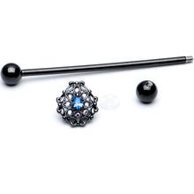 Load image into Gallery viewer, 14G Blue Aurora Gem Black Night Blossom Industrial Barbell 38mm
