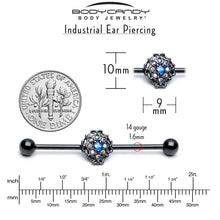 Load image into Gallery viewer, 14G Blue Aurora Gem Black Night Blossom Industrial Barbell 38mm
