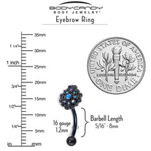 Load image into Gallery viewer, 16G 5/16 Blue Aurora Gem Black Night Blossom Curved Eyebrow Ring
