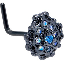 Load image into Gallery viewer, 20G  7mm Blue Aurora Gem Black Night Blossom L Shape Nose Ring

