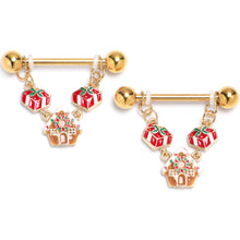 Load image into Gallery viewer, 14G 9/16 Gold Tone Gingerbread House Dangle Nipple Ring Set
