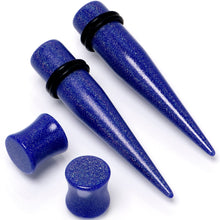 Load image into Gallery viewer, Blue Acrylic Shimmer Finish Taper Saddle Plug Set 6mm to 20mm Sizes
