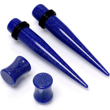 Load image into Gallery viewer, Blue Acrylic Shimmer Finish Taper Saddle Plug Set 6mm to 20mm Sizes
