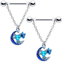 Load image into Gallery viewer, 14G 9/16 Blue Gem Butterfly Love Heart Dangle Nipple Ring Set
