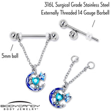 Load image into Gallery viewer, 14G 9/16 Blue Gem Butterfly Love Heart Dangle Nipple Ring Set
