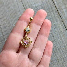 Load image into Gallery viewer, Clear Pink Gem Gold Tone Filigree Fantasy Dangle Belly Ring
